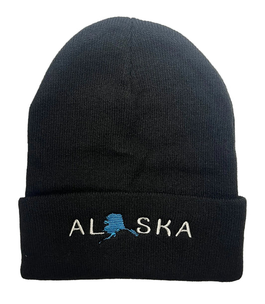 Black beanie with 'Alaska' and an eagle design on a white background