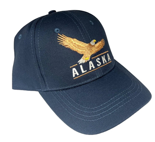 Navy blue cap with embroidered eagle and 'Alaska' text on a white background