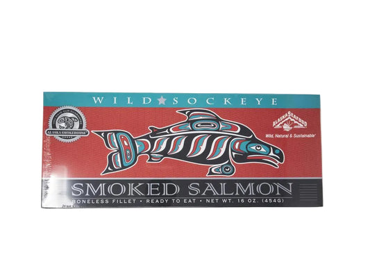 Wild Sockeye smoked salmon packaging with a stylized salmon design on a red background.