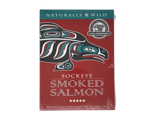 Packaged sockeye smoked salmon with a red label
