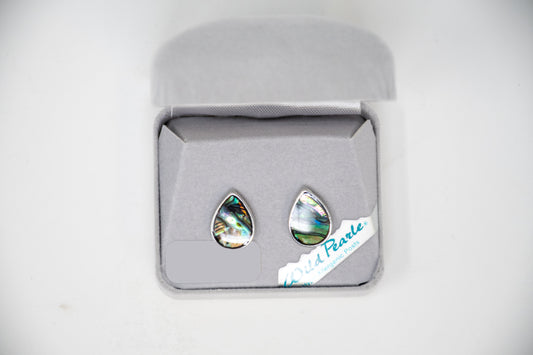 Teardrop-shaped earrings in a branded box on a white background