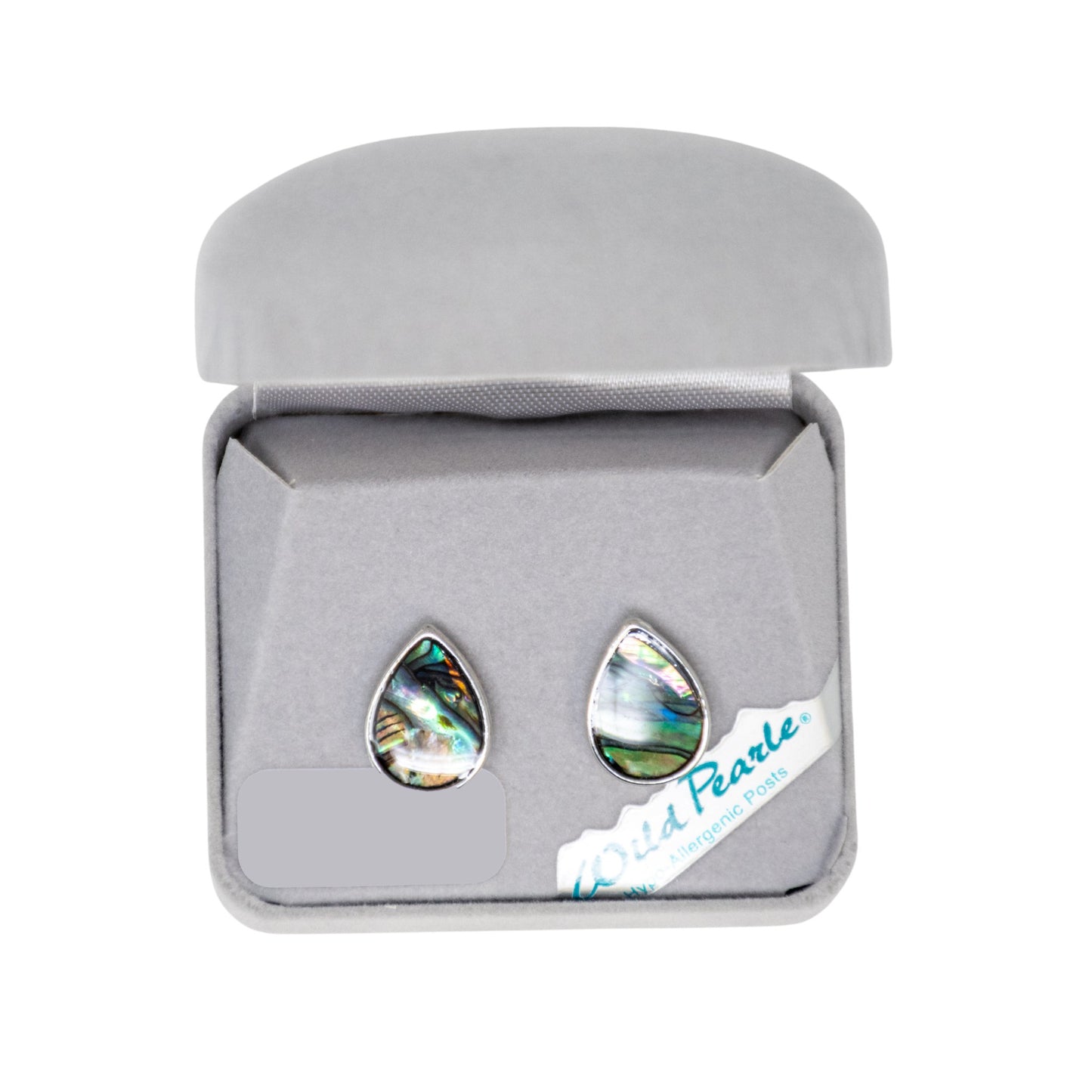 Teardrop-shaped earrings in a gray jewelry box with 'Wild Pearle' label.