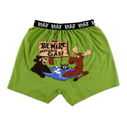Beware of Natural Gas boxers with a moose and bear graphic