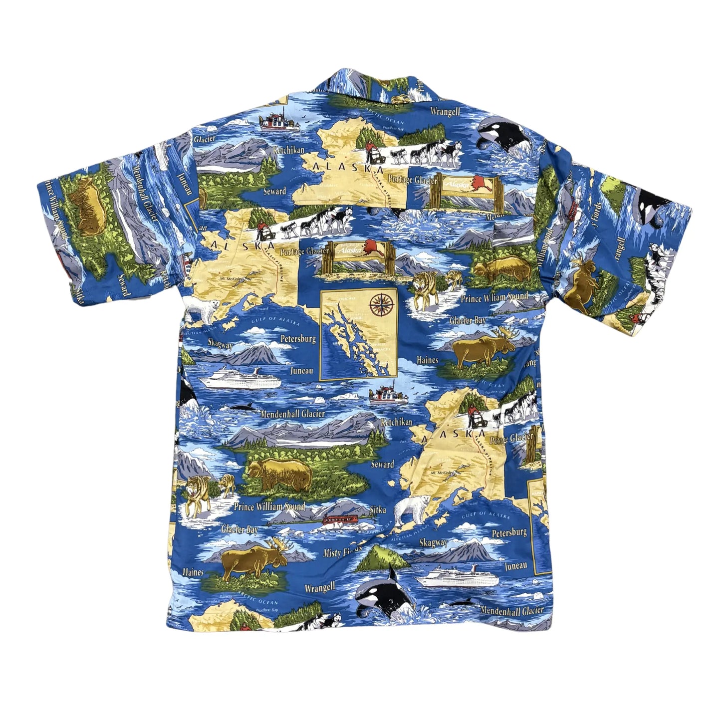 Alaskan Hawaiian shirt with a colorful map design