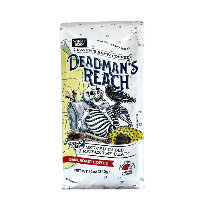Deadman's Reach coffee package with skeleton and skull design on a white background
