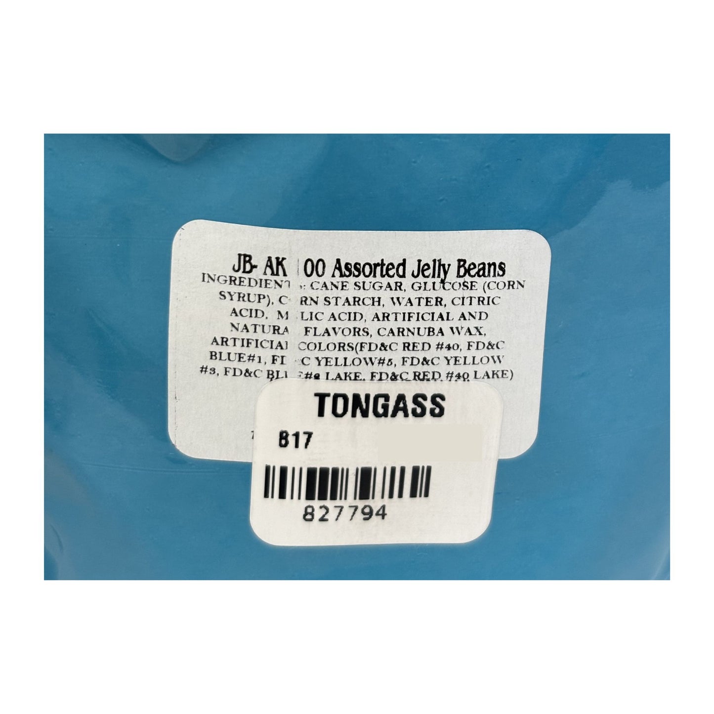 Back of a blue jellybean bag with a label displaying ingredients