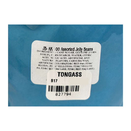 Back of a blue jellybean bag with a label displaying ingredients