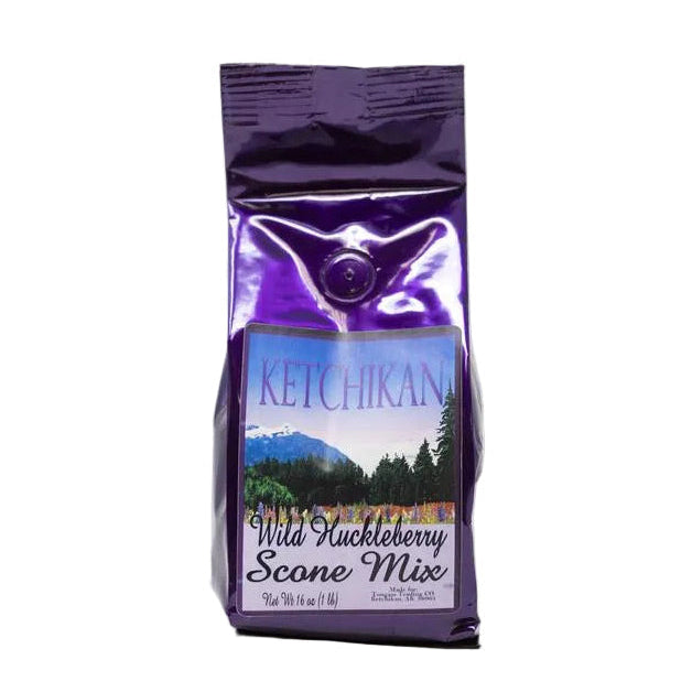 Purple package of Ketchikan Wild Huckleberry Scone Mix on a white background