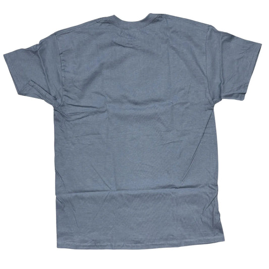 Back of blue t-shirt on a white background