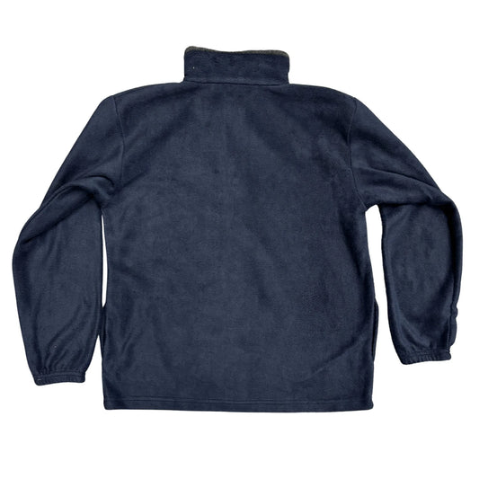 Back view of a dark blue fleece jacket on a white background