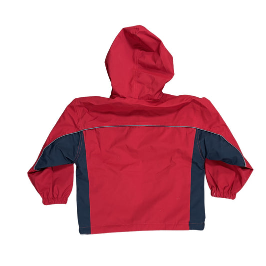 Red raincoat with dark accents on a white background