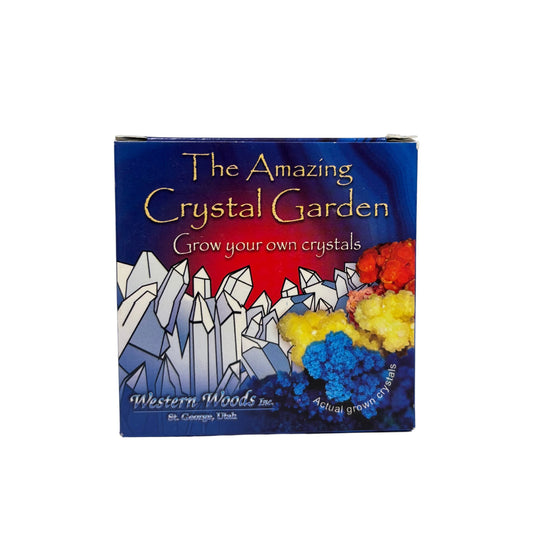 Box for 'The Amazing Crystal Garden' crystal growing kit with colorful crystals on a white background.