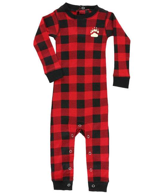 Red and black onesie with a bear paw print on a white background