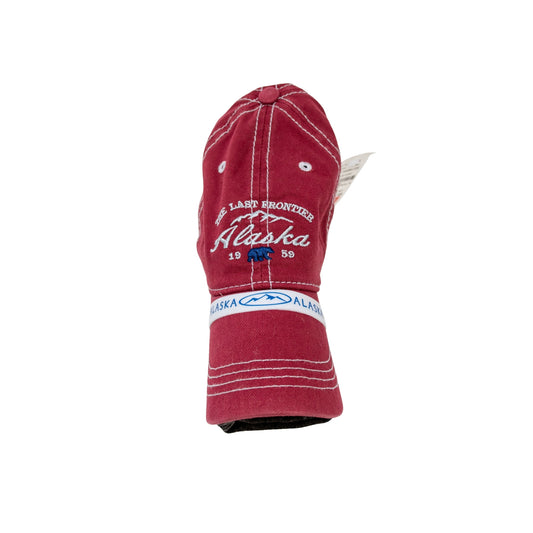 Red cap with white text and branding on a white background