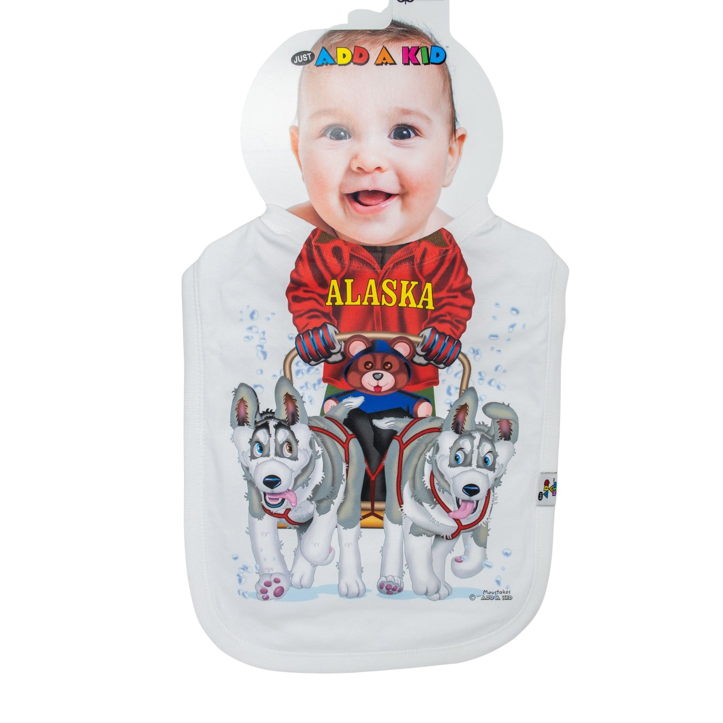 Bib with red jacket and huskies design on a white background