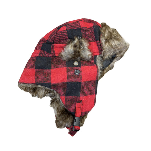 Red and black checkered trapper cap with fur trim