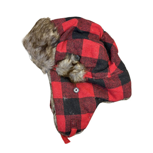 Red and black checkered fur-trimmed ha