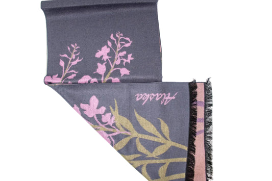 Gray scarf with fireweed floral patterns and on a white background