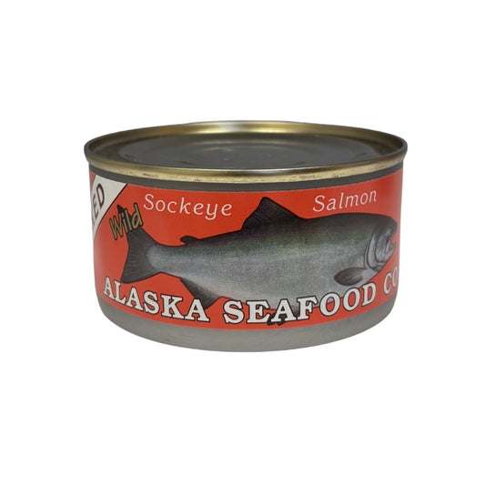 Can of smoked sockeye salmon from Alaska on a white background