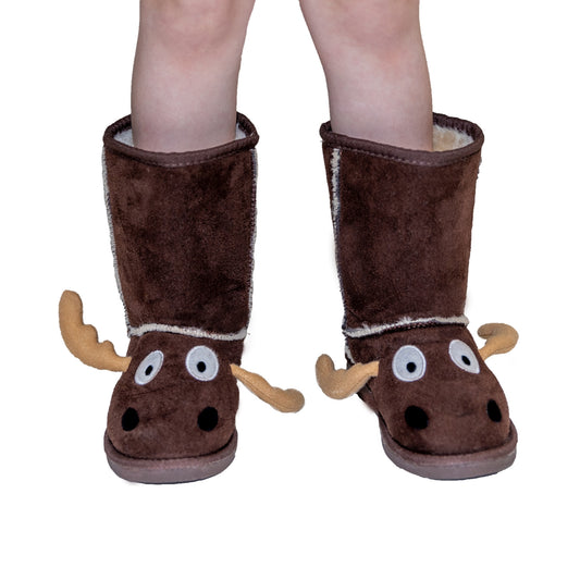 Brown moose-themed slippers worn by a person on a white background