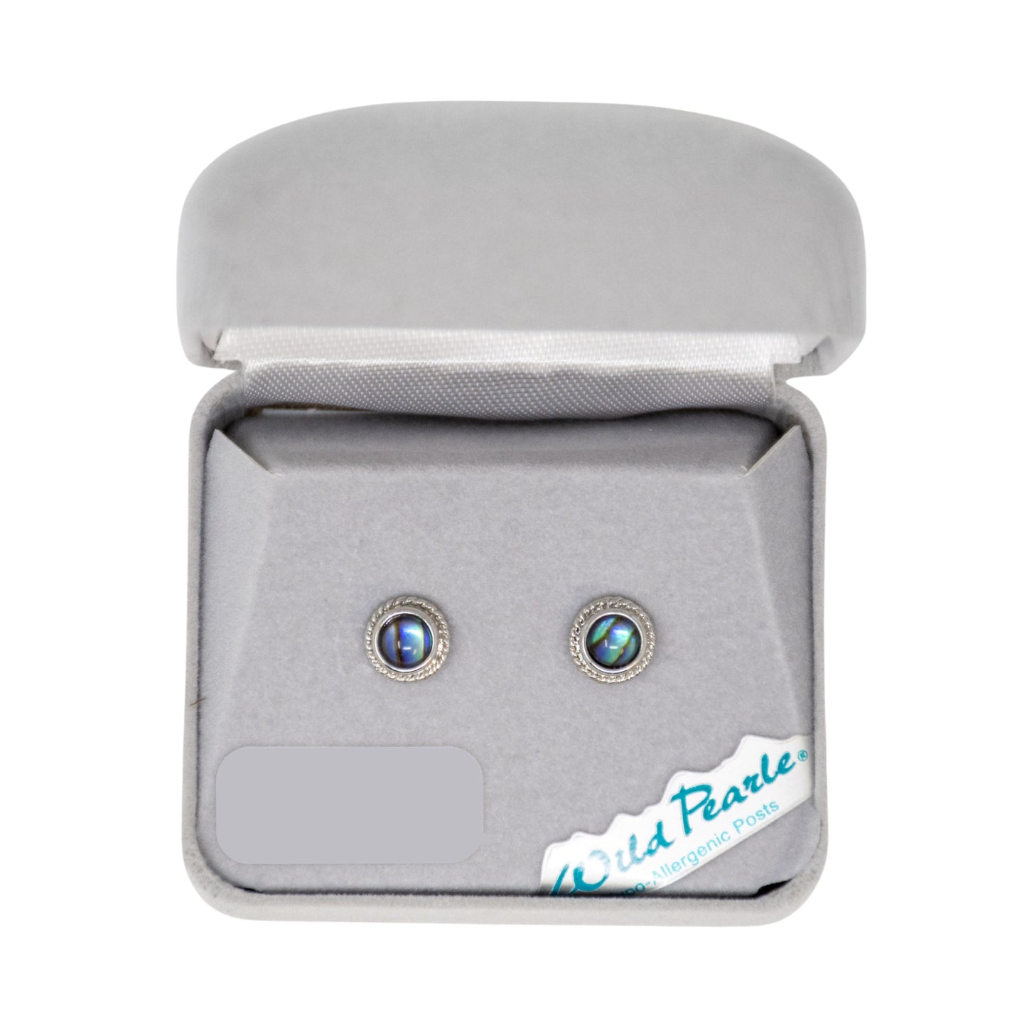 Pair of earrings in a gray jewelry box with 'Wild Pearle' branding.