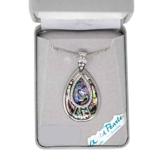 Teardrop-shaped pendant with abalone shell and crystals in a jewelry box