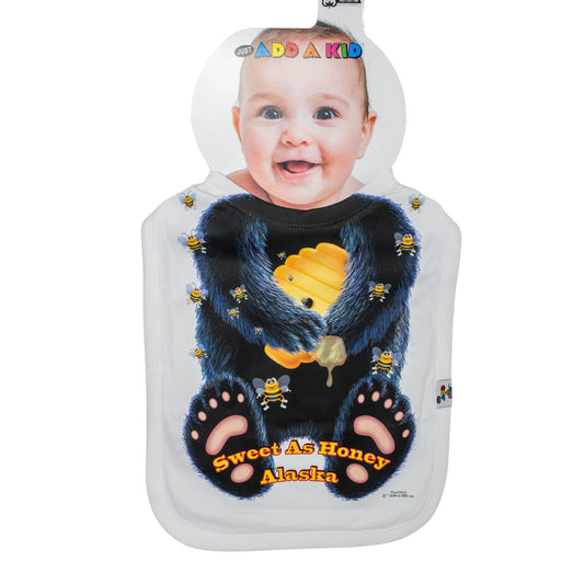 Bib with a bear design and text on a white background