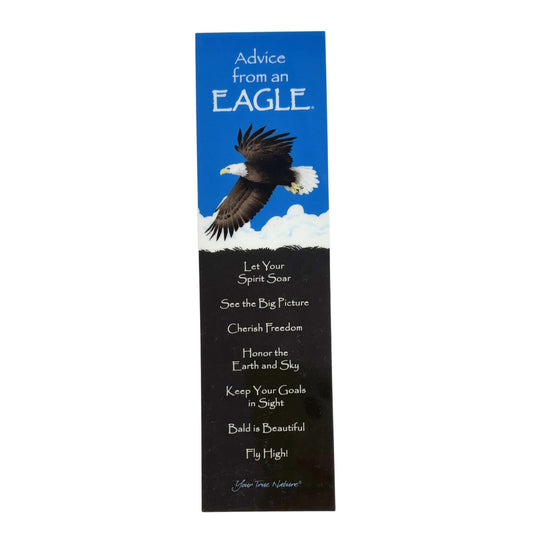 Bookmark with an eagle illustration and motivational text on a blue and black background