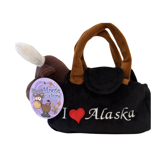 Plush moose handbag with 'I ❤️ Alaska' text on a white background