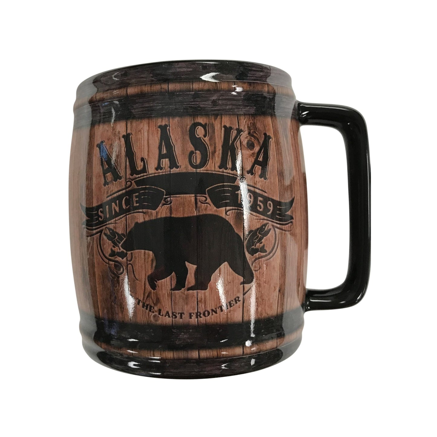 Brown Barrel mug with Alaska text and a bear silhouette