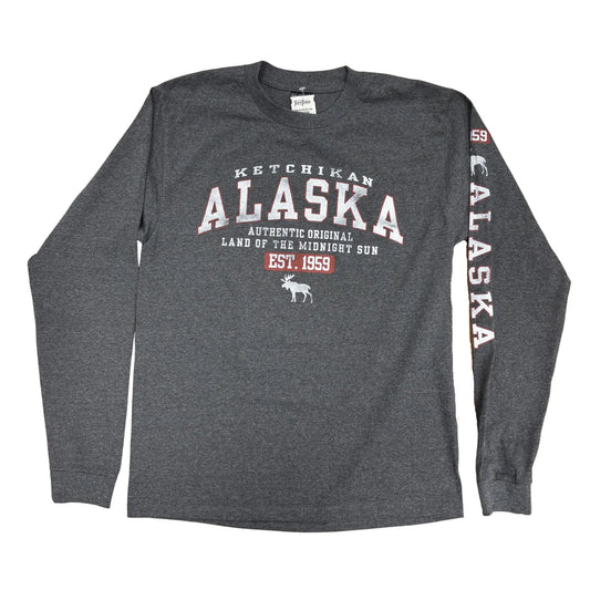 Grey long sleeve with Ketchikan Alaska text and a moose graphic
