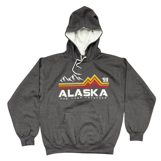 Gray hoodie with 'Alaska The Last Frontier' graphic on a white background