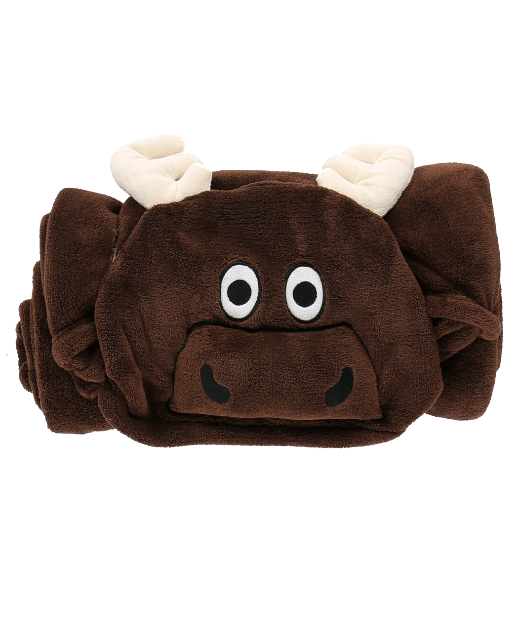 Brown plush blanket shaped like a moose on a white background