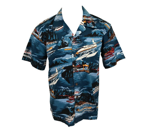 Hawaiian shirt with a scenic design of float planes and nature on a white background