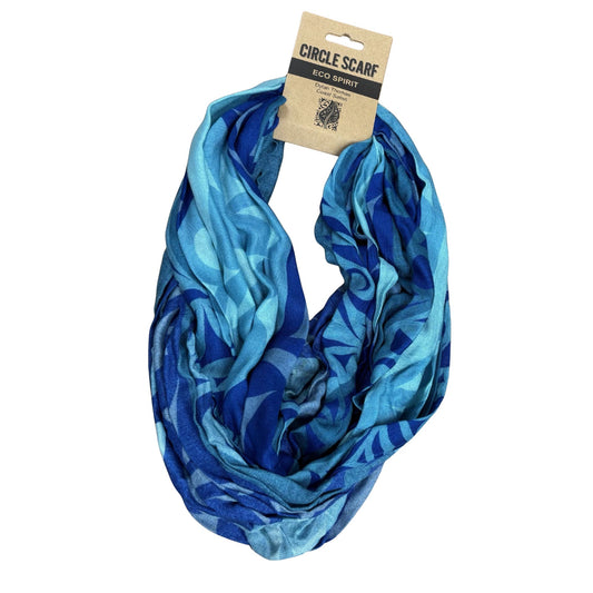 Blue patterned circle scarf with a brand tag on a white background