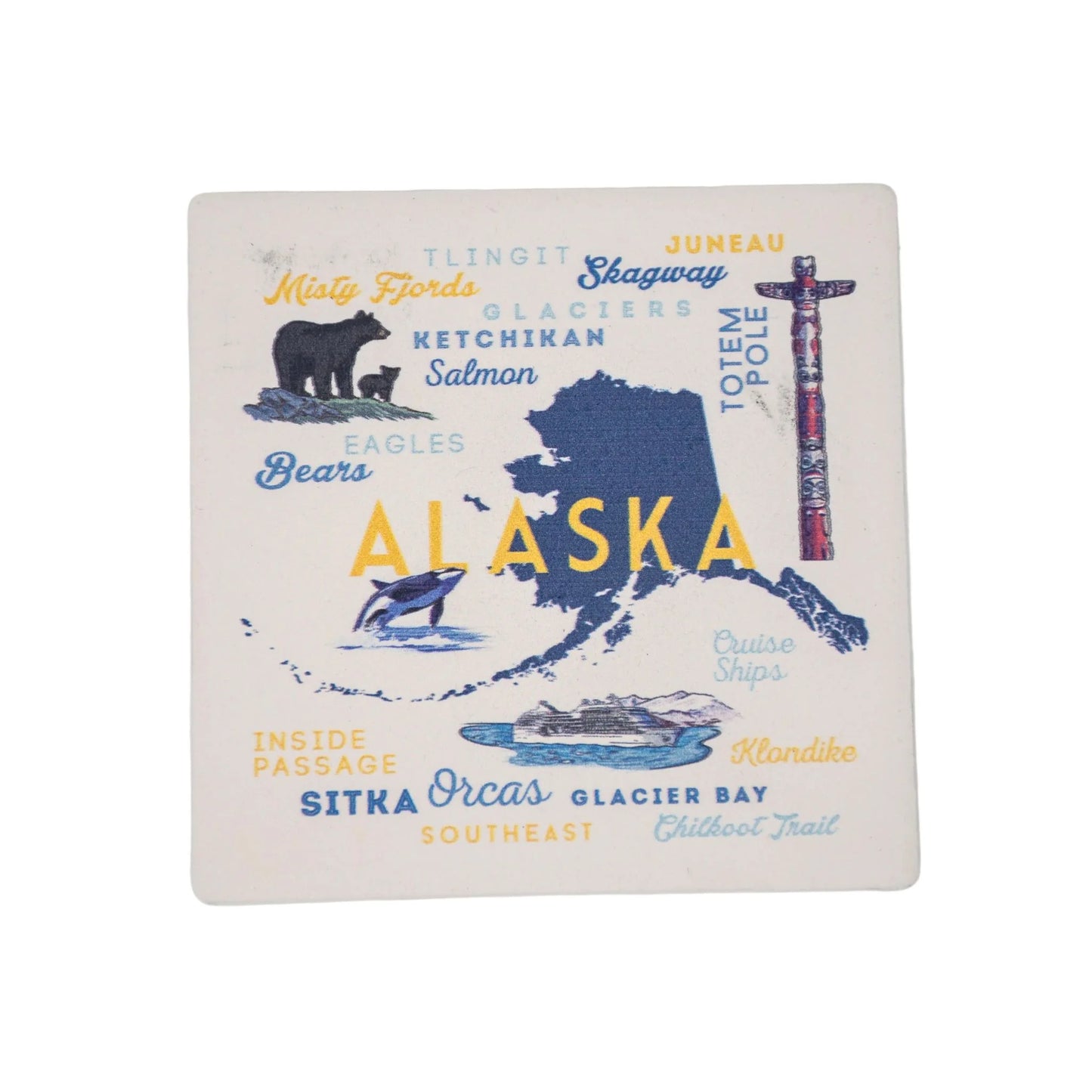 Coaster with Alaska-themed design featuring map, bear, totem pole, and text