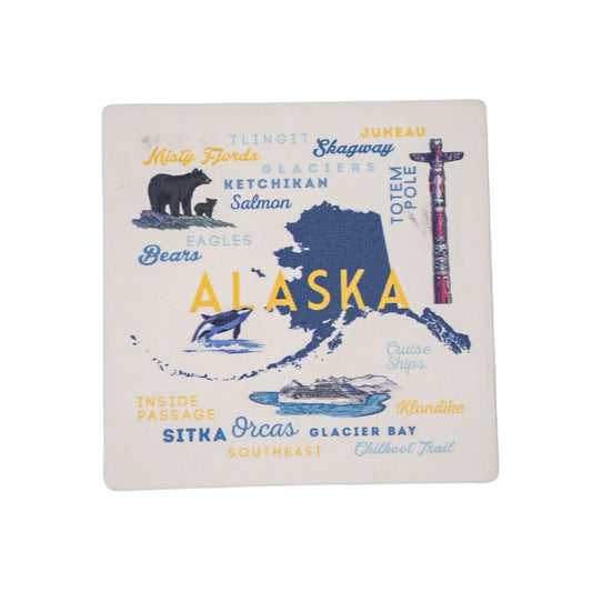 Coaster with Alaska-themed design featuring map, bear, totem pole, and text
