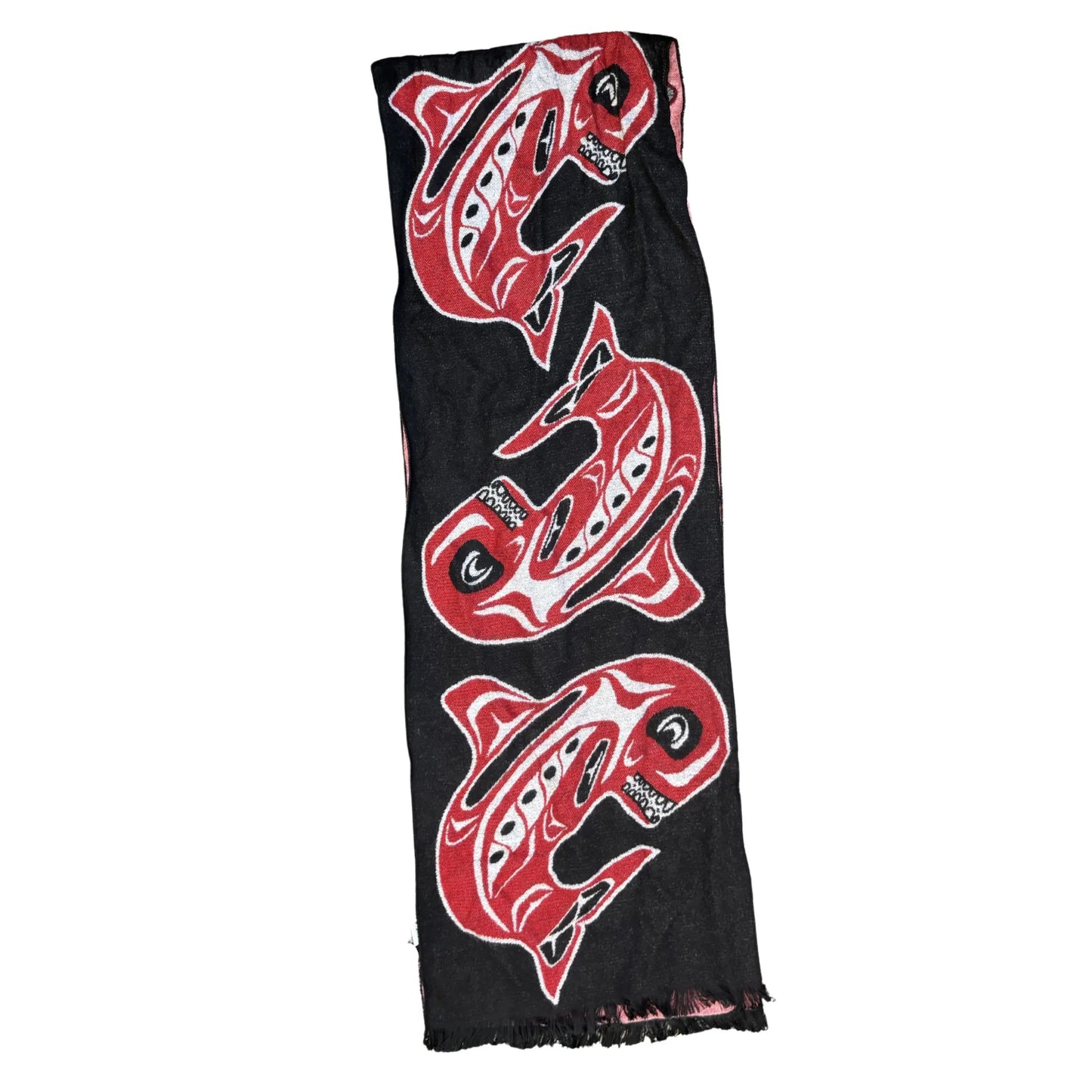 Red, white, and black scarf with totemic designs