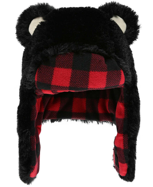 Black and red plaid hat with bear ears on a white background