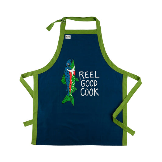 Navy apron with green trim featuring a fish illustration and 'Reel Good Cook' text