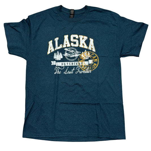 Blue t-shirt with Alaska text and a float plane graphic