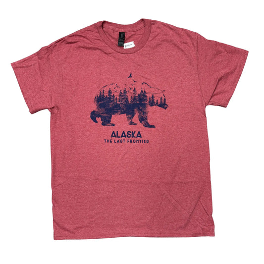 Red t-shirt with bear and forest graphic and 'Alaska The Last Frontier' text
