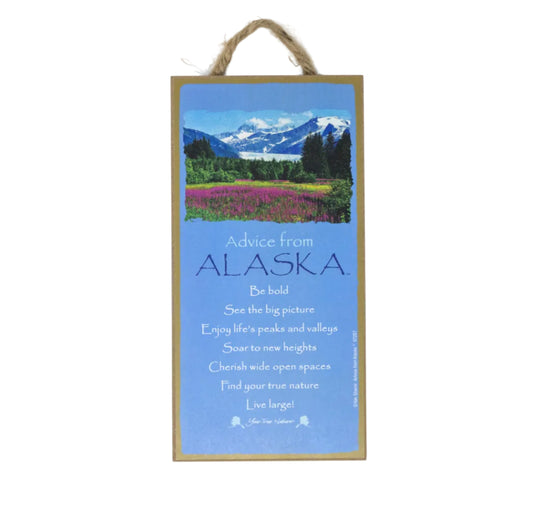 Advice from Alaska text featuring a scenic landscape on a wooden sign on a white background