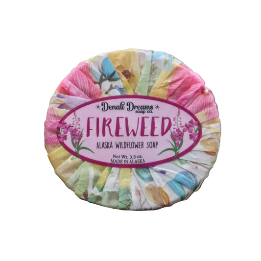 Colorful soap bar with "Fireweed Alaska Wildflower Soap" label