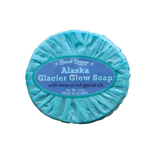 Blue soap bar with a label "Glacier Glow Soap with mineral rich glacial salt"