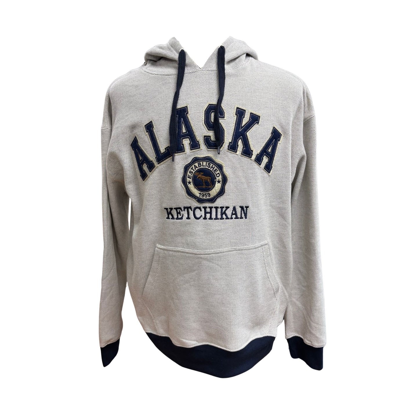 Gray hoodie with 'Alaska Ketchikan' text on a white background