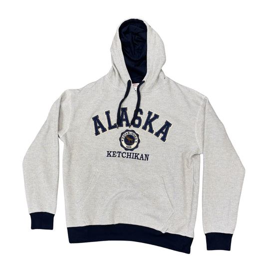 Gray hoodie with 'Alaska Ketchikan' text on a white background