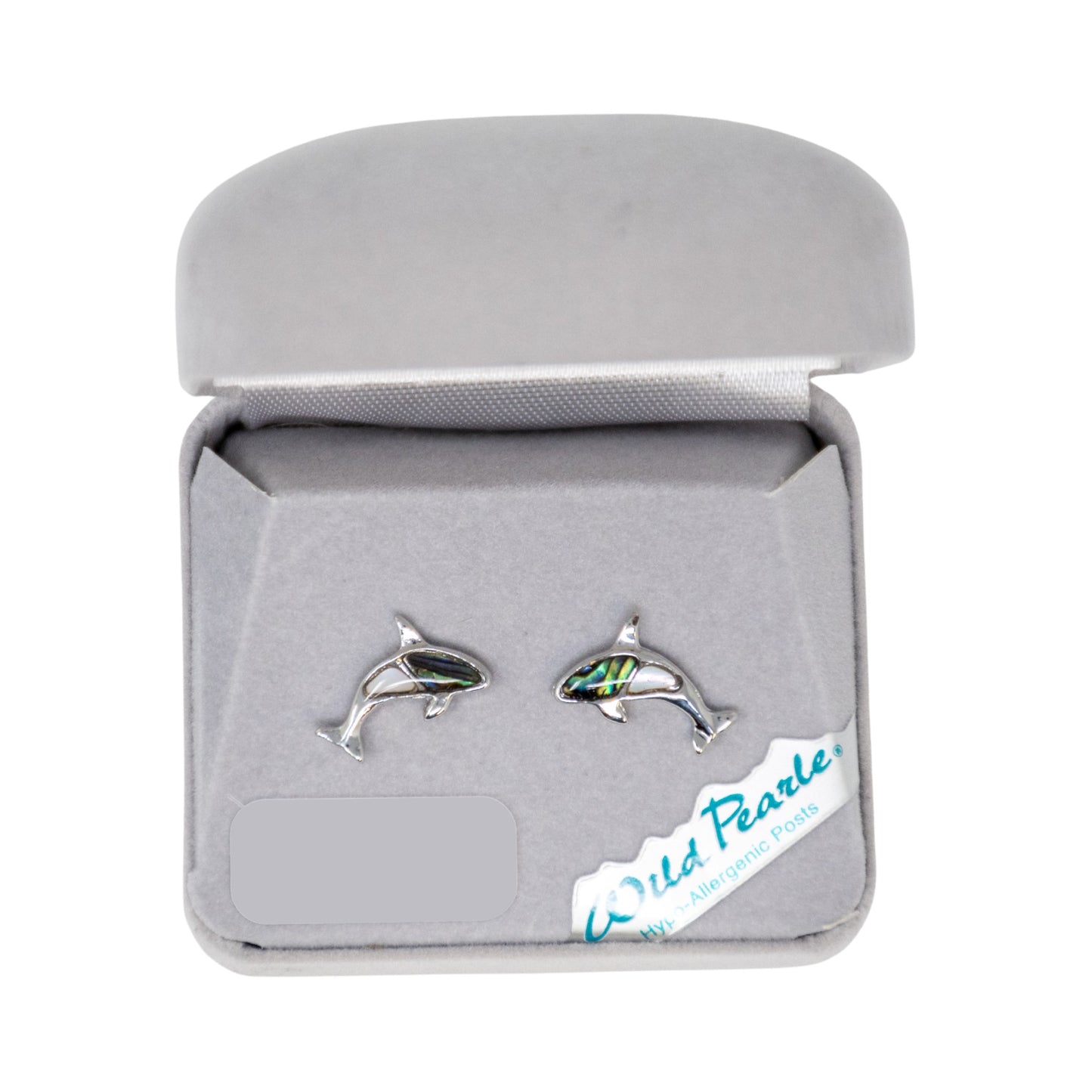Orca-shaped earrings in a gray jewelry box with 'Wild Pearle' branding.
