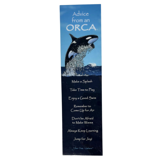 Bookmark with an orca whale and inspirational advice on a blue background