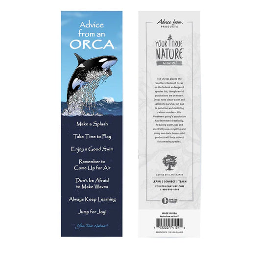 Front and Back of an "Advice From an Orca" bookmark with an orca design and motivational text